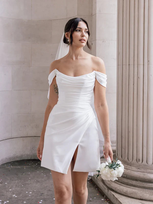 Buyishang Off-the-Shoulder Short Satin Cowl Neck Simple Formal Wedding Dress With Slit