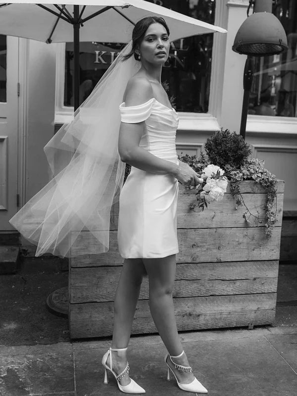 Buyishang Off-the-Shoulder Short Satin Cowl Neck Simple Formal Wedding Dress With Slit