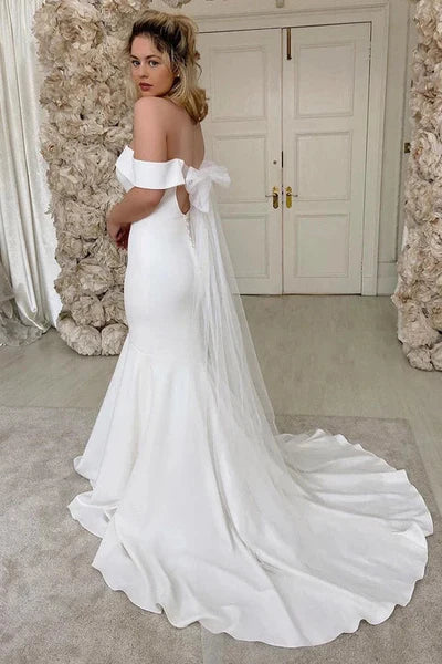 Buyishang Off the Shoulder Ivory Satin Mermaid Wedding Dress