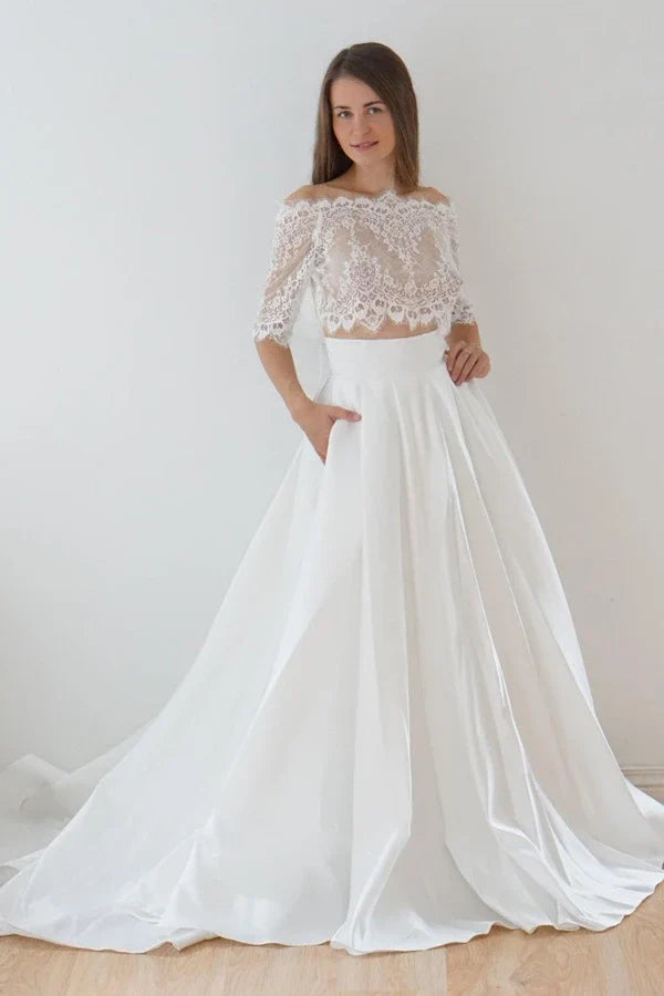 Buyishang Off-The-Shoulder Lace A-Line Satin Two-Piece Wedding Dress With Sweep Train
