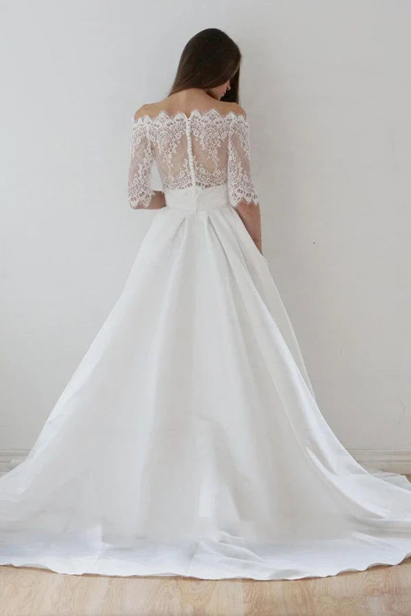 Buyishang Off-The-Shoulder Lace A-Line Satin Two-Piece Wedding Dress With Sweep Train