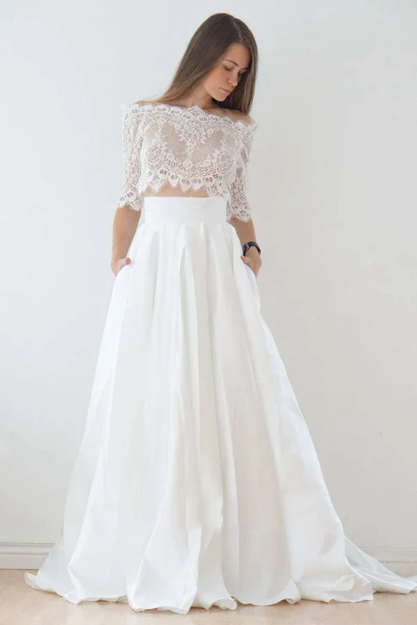Buyishang Off-The-Shoulder Lace A-Line Satin Two-Piece Wedding Dress With Sweep Train