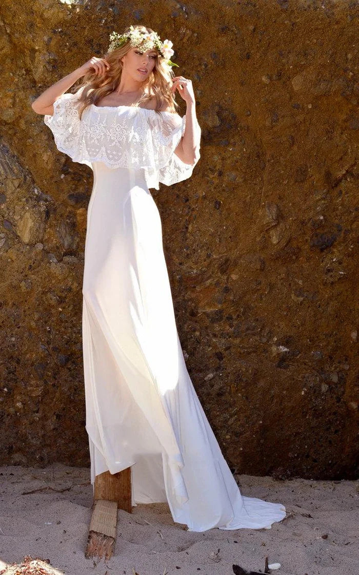 Buyishang Off-The-Shoulder Lace Jersey Dress With Embroideries Ruffles