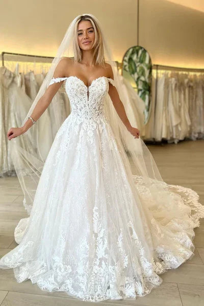 Buyishang Off the Shoulder Romantic Lace Wedding Dress Bridal Gown
