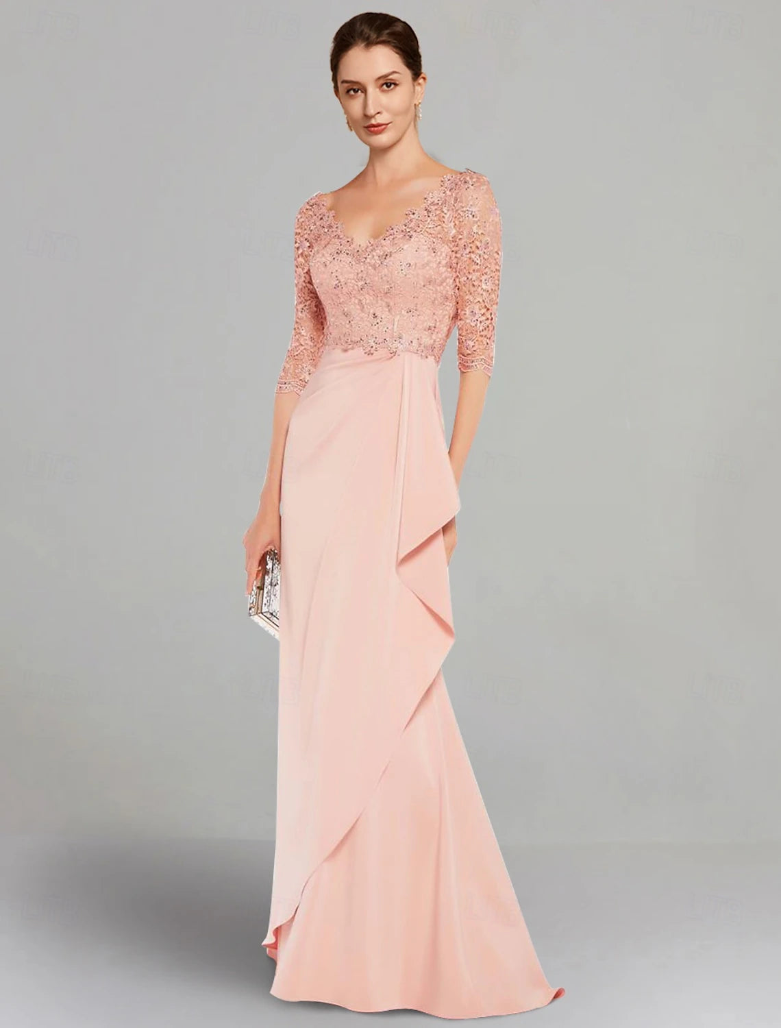 Buyishang A-Line Mother of the Bride Dress Elegant V Neck Floor Length Stretch Chiffon 3/4 Length Sleeve with Lace Pleats free custom size