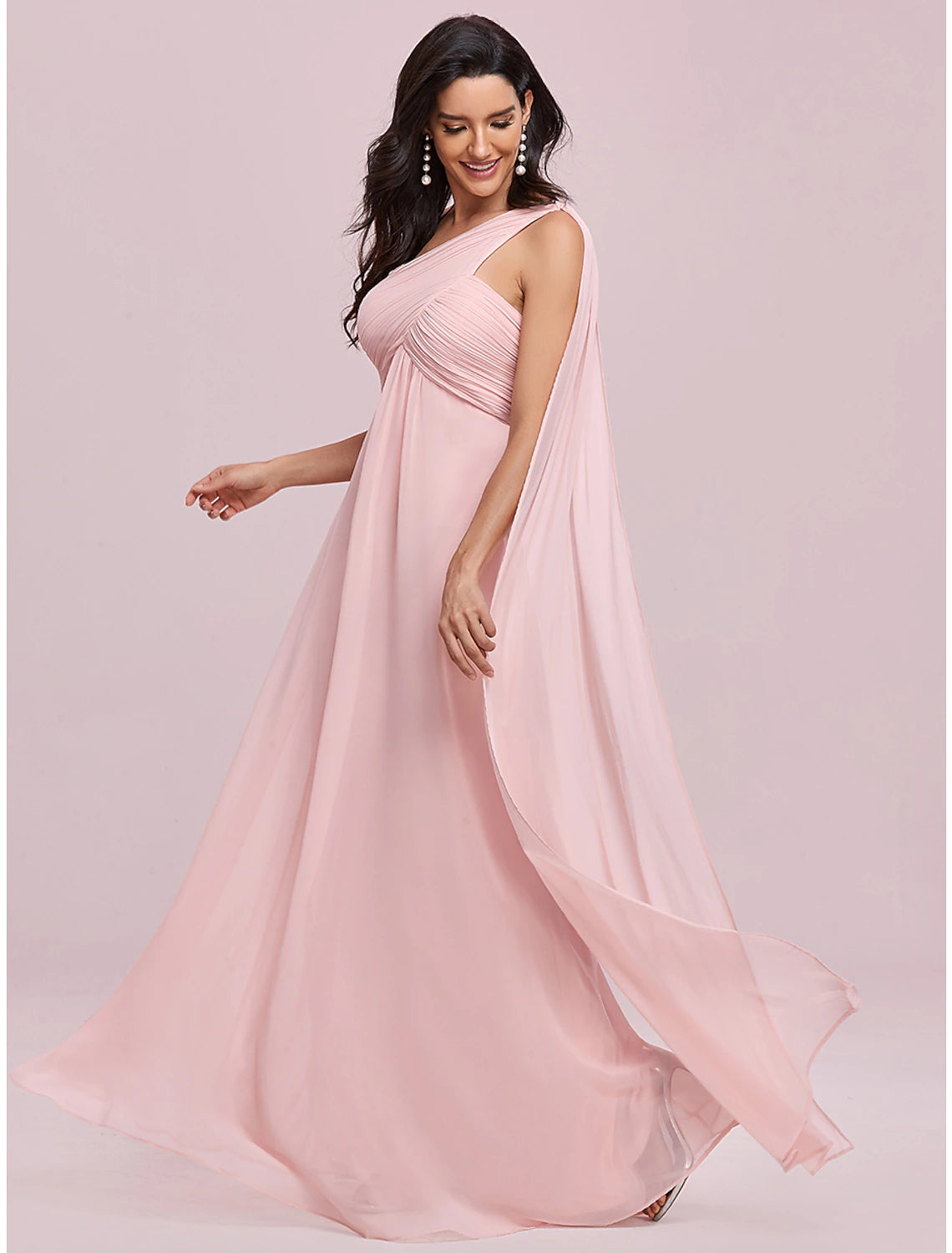 A-Line Evening Gown Empire Dress Formal Evening Floor Length Sleeveless One Shoulder Bridesmaid Dress Chiffon Backless with Pleats Draping