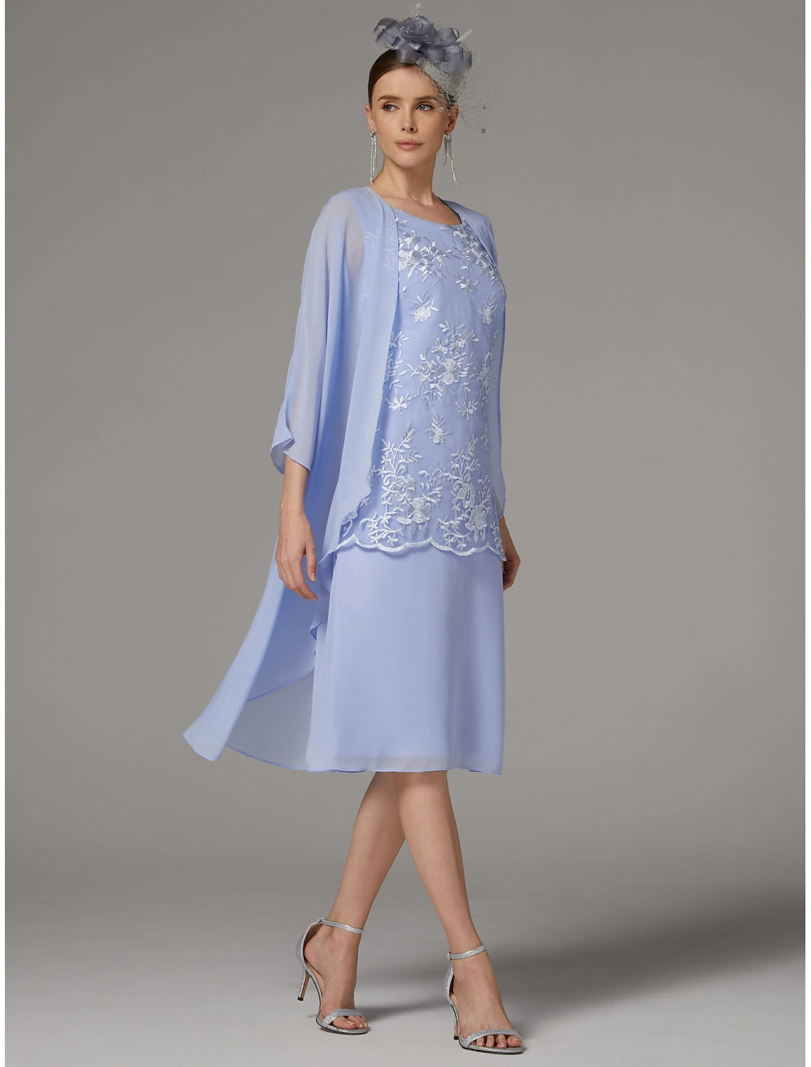 Buyishang Two Piece Sheath Pantsuit Mother of the Bride Dress Elegant Jewel Neck Tea Length Chiffon Lace Sleeveless Jacket Dresses with Appliques