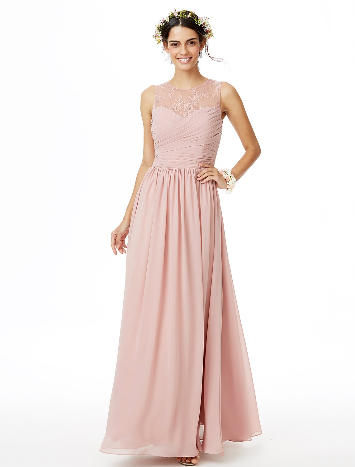 A-Line Bridesmaid Dress Jewel Neck Sleeveless See Through Floor Length Chiffon / Lace with Lace / Criss Cross / Pleats