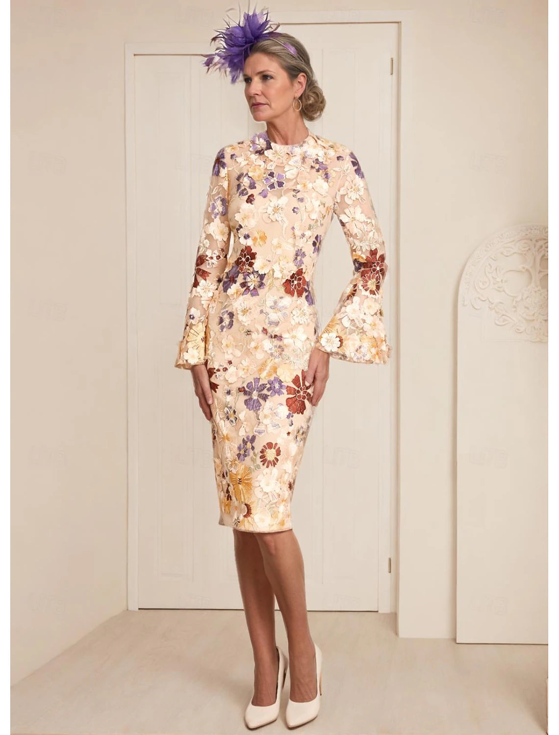 Buyishang Sheath Mother of the Bride Dress Formal Wedding Guest Elegant Off Shoulder Tea Length Lace 3/4 Length Sleeve with Lace free custom size