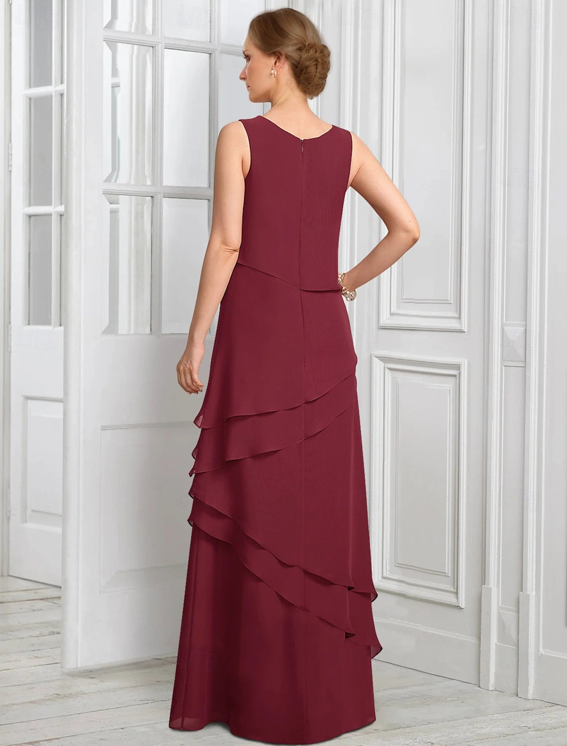 Buyishang Two Piece A-Line Dress Suit Mother of the Bride Dress Elegant Sparkle & Shine Jewel Neck Floor Length Chiffon Half Sleeve with Buttons Appliques Flower