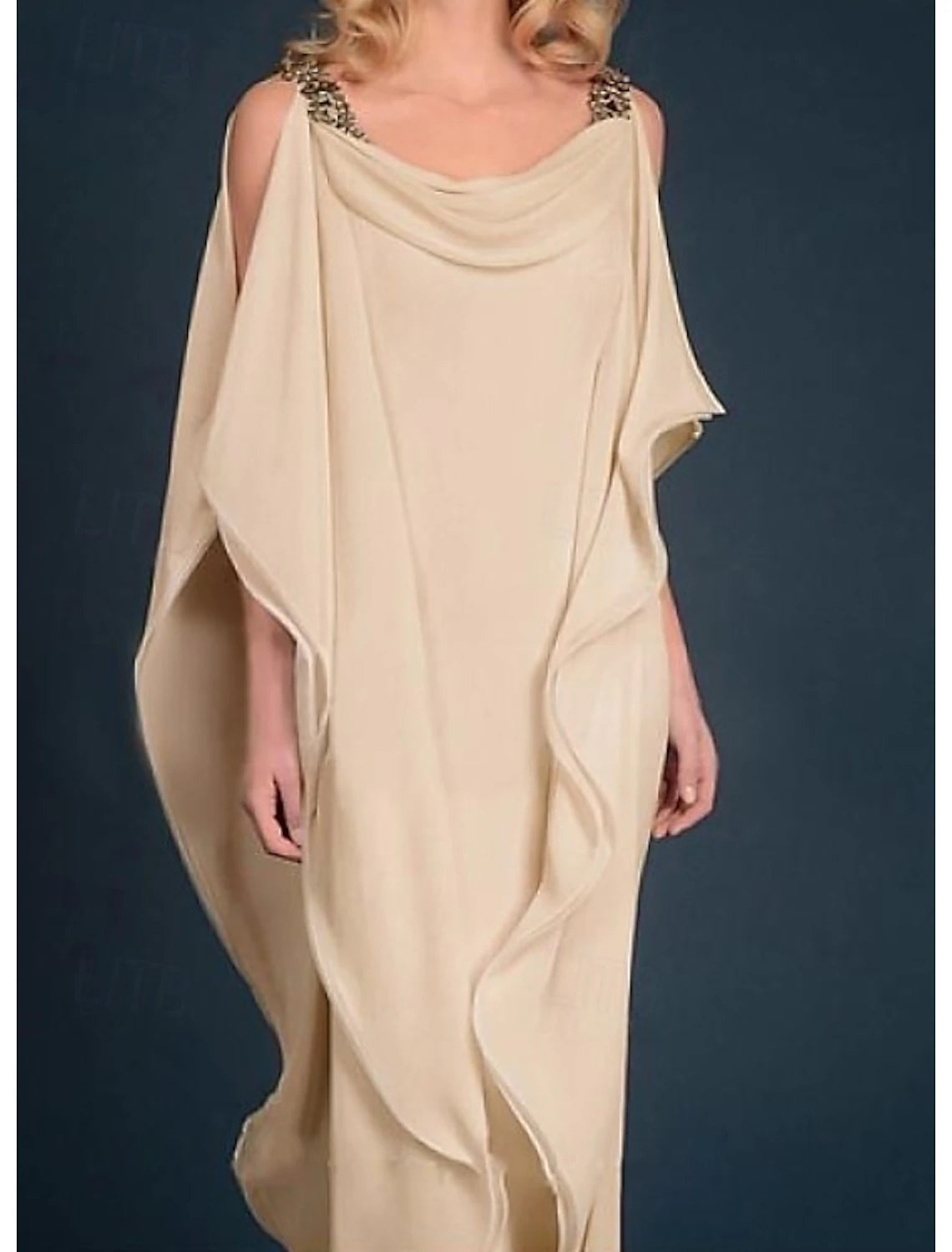 Buyishang Sheath / Column Dress Mother of the Bride Dress Wedding Guest Elegant Plus Size Jewel Neck Floor Length Chiffon Half Sleeve with Beading Cascading Ruffles