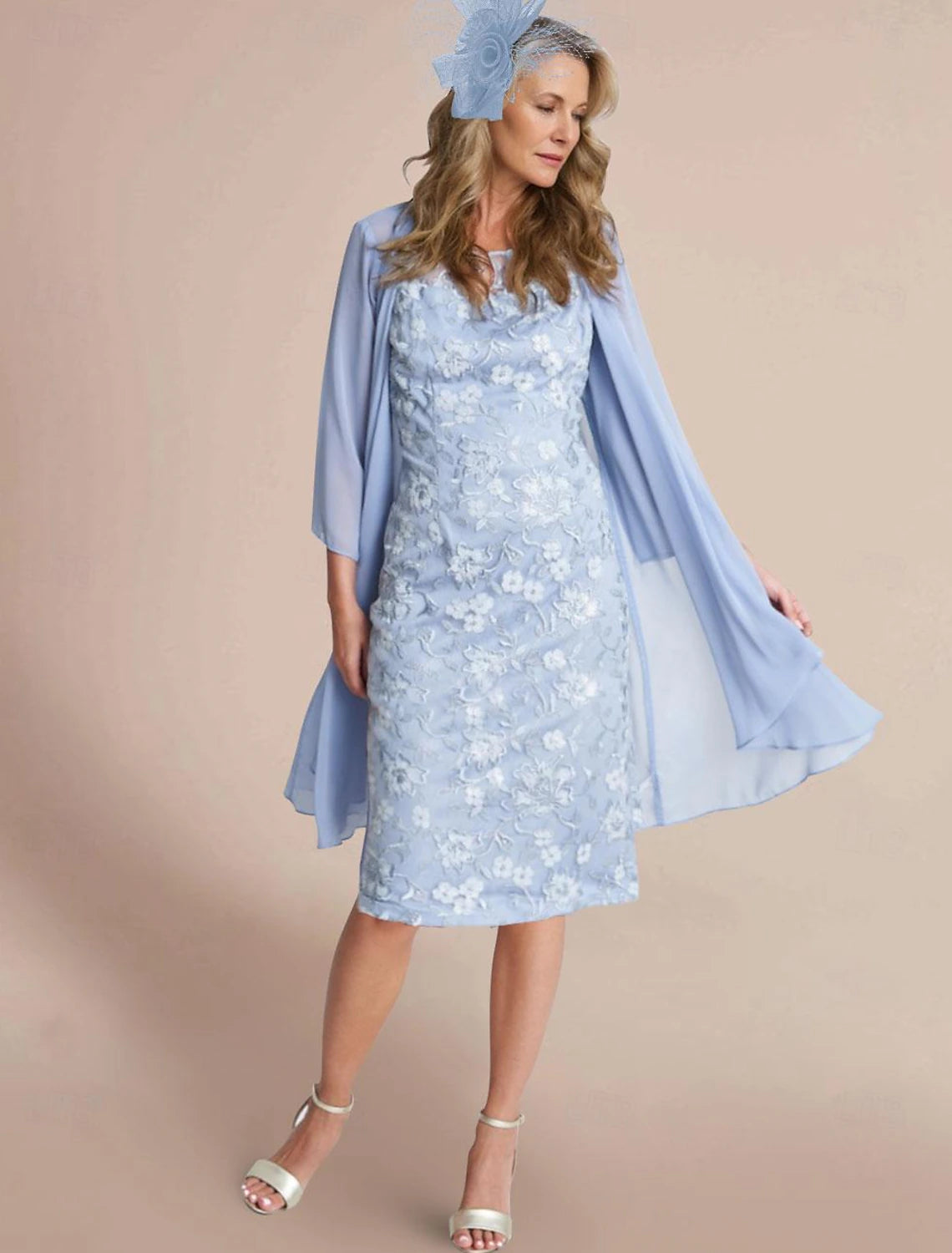 Buyishang Two Piece Sheath / Column Mother of the Bride Dress Elegant Jewel Neck Knee Length Lace Stretch Chiffon 3/4 Length Sleeve Wrap Included Jacket Dresses with Lace free custom size
