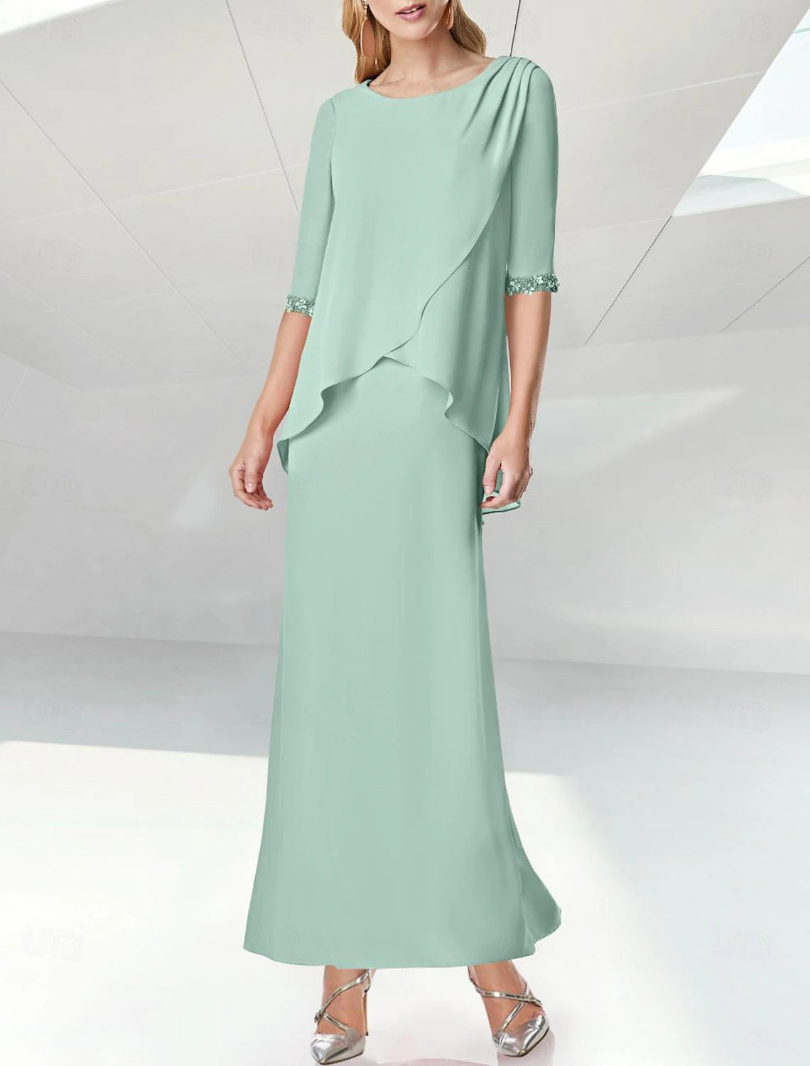 Buyishang Sheath / Column Mother of the Bride Dress Elegant Jewel Neck Floor Length Chiffon Half Sleeve with Sequin Ruching free custom size