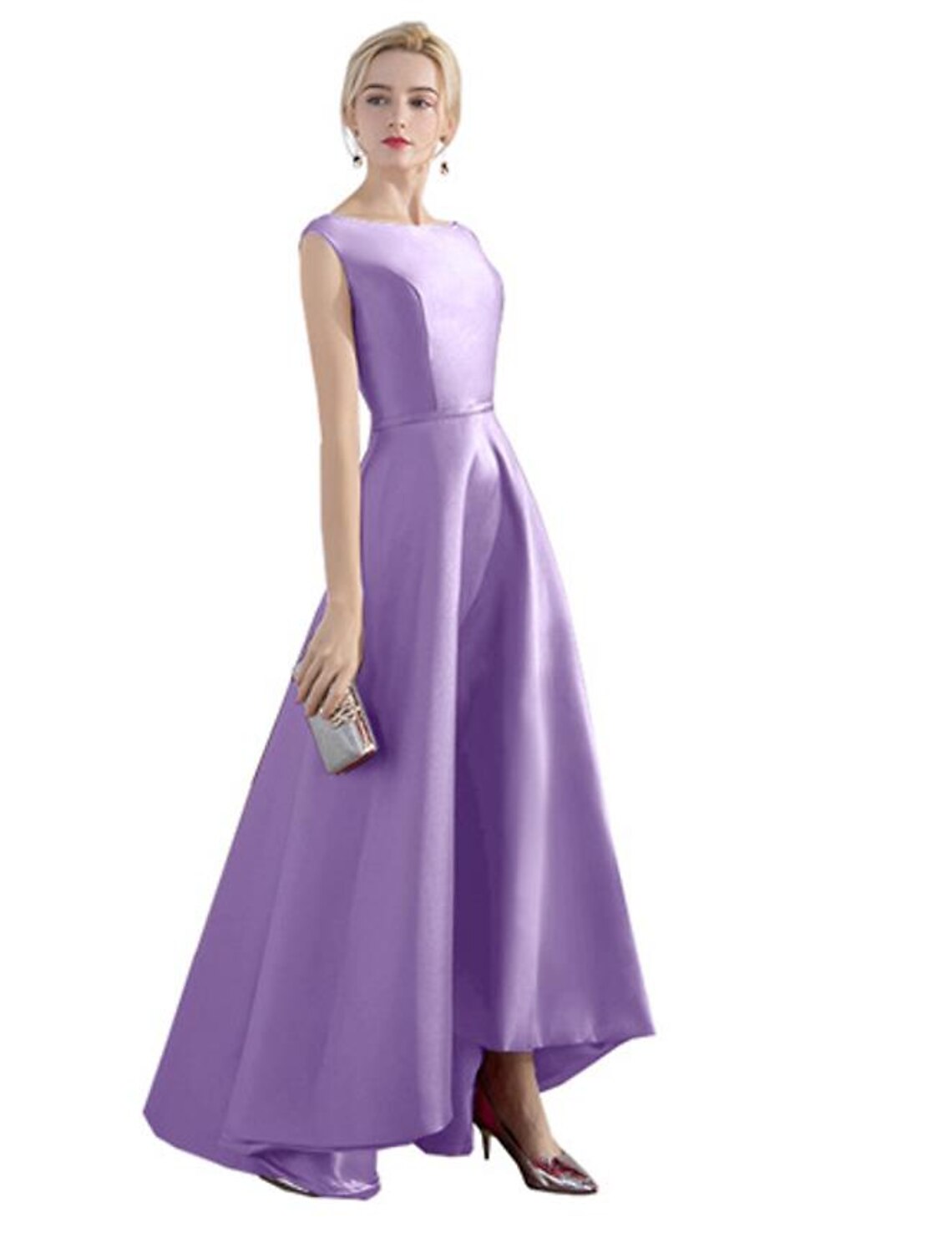 A-Line Evening Gown Minimalist Dress Wedding Guest Party Wear Asymmetrical Sleeveless Jewel Neck Satin with Sleek