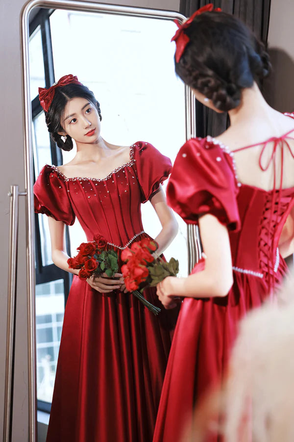 Burgundy Satin Short Sleeve Prom Dress A-Line Graduation Dress