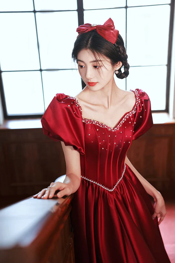 Burgundy Satin Short Sleeve Prom Dress A-Line Graduation Dress