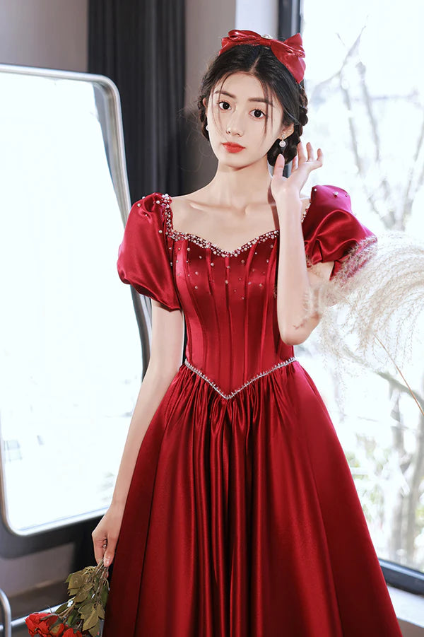 Burgundy Satin Short Sleeve Prom Dress A-Line Graduation Dress