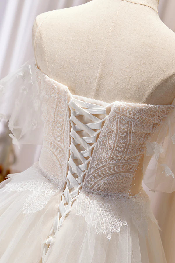 Champagne Floor Length Lace Long Prom Dress Off the Shoulder Evening Dress