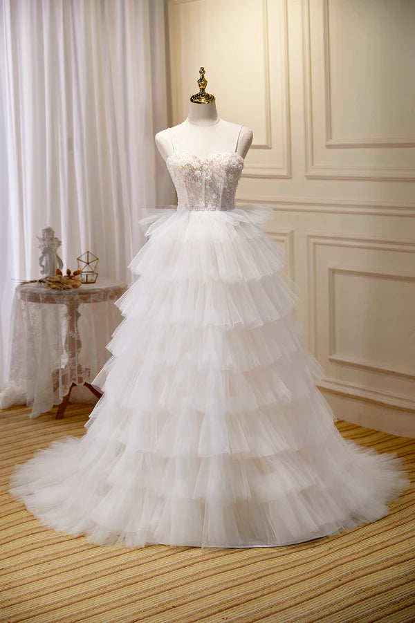 Champagne Sweetheart Layers Princess Dress Spaghetti Straps Tulle Formal Gown