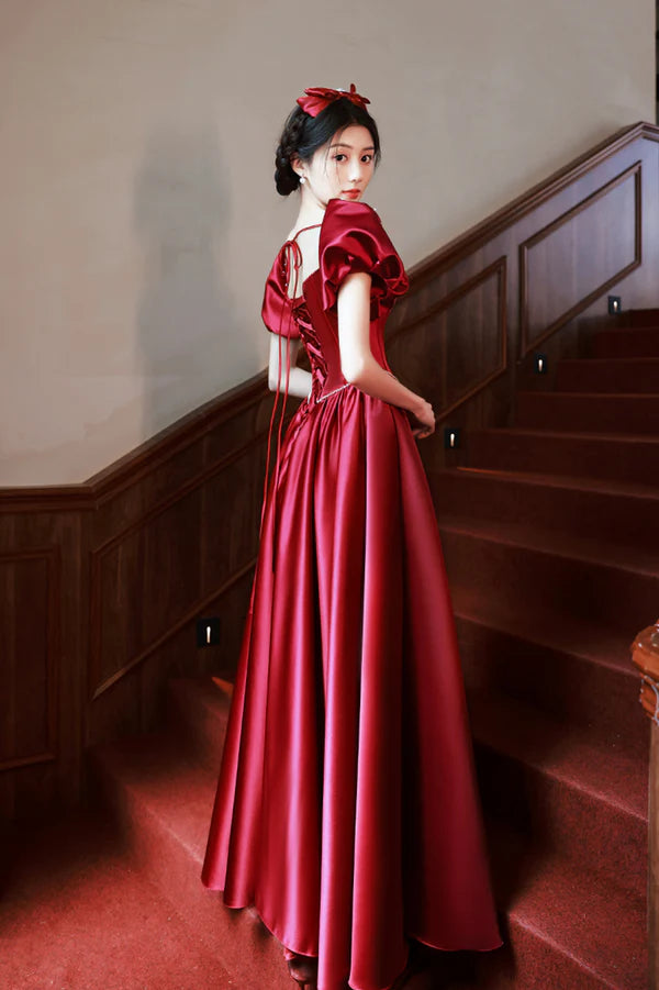 Burgundy Satin Short Sleeve Prom Dress A-Line Graduation Dress