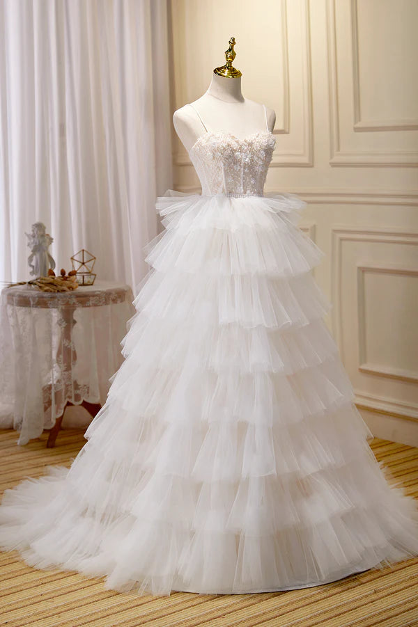 Champagne Sweetheart Layers Princess Dress Spaghetti Straps Tulle Formal Gown