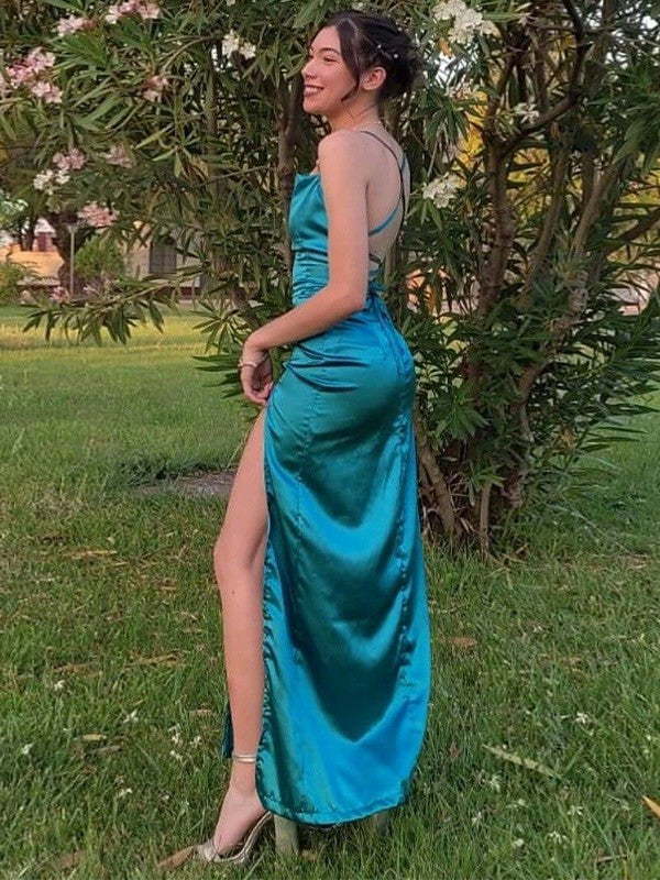 Sheath/Column Silk like Satin Ruched Spaghetti Straps Sleeveless Floor-Length Dresses