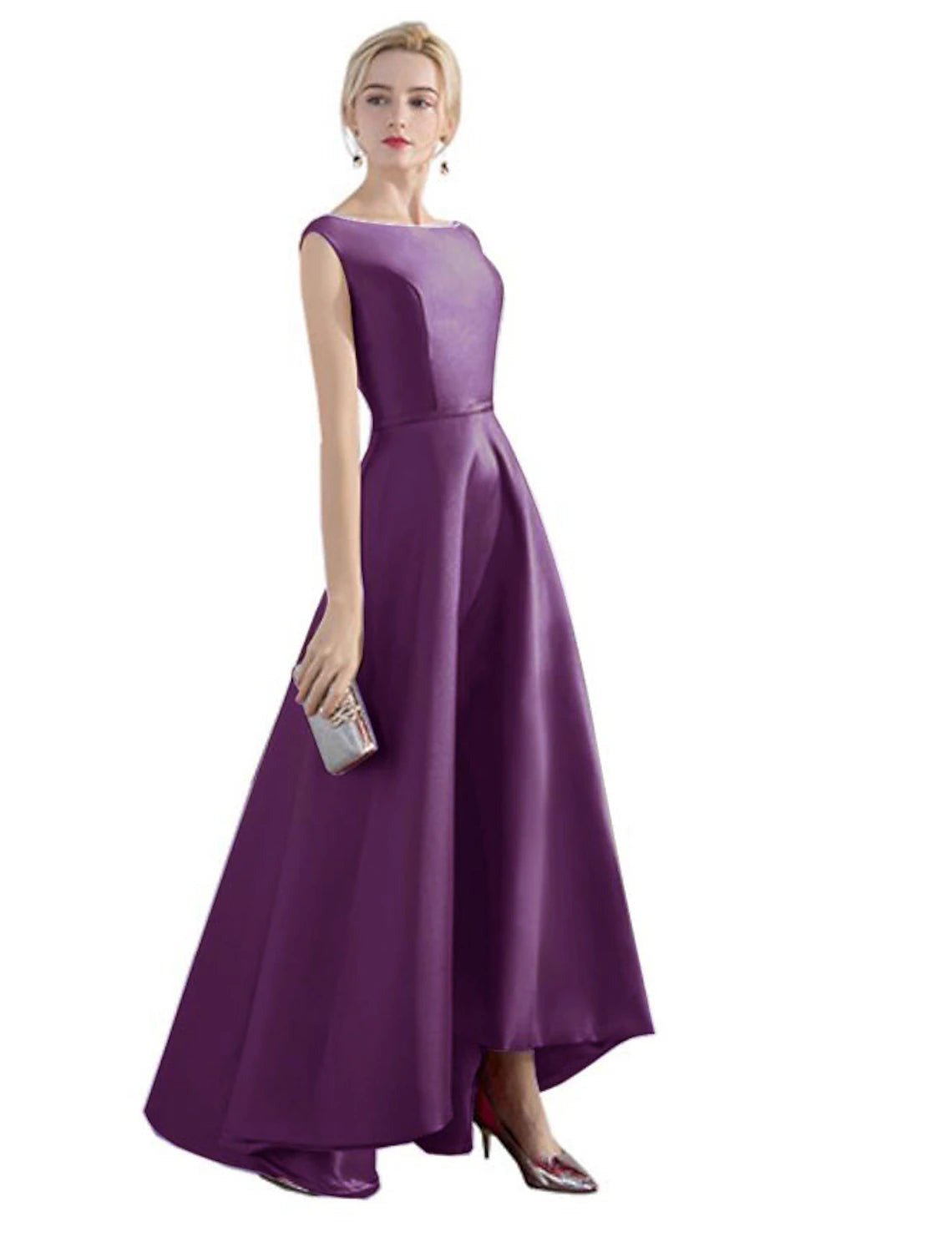 A-Line Evening Gown Minimalist Dress Wedding Guest Party Wear Asymmetrical Sleeveless Jewel Neck Satin with Sleek