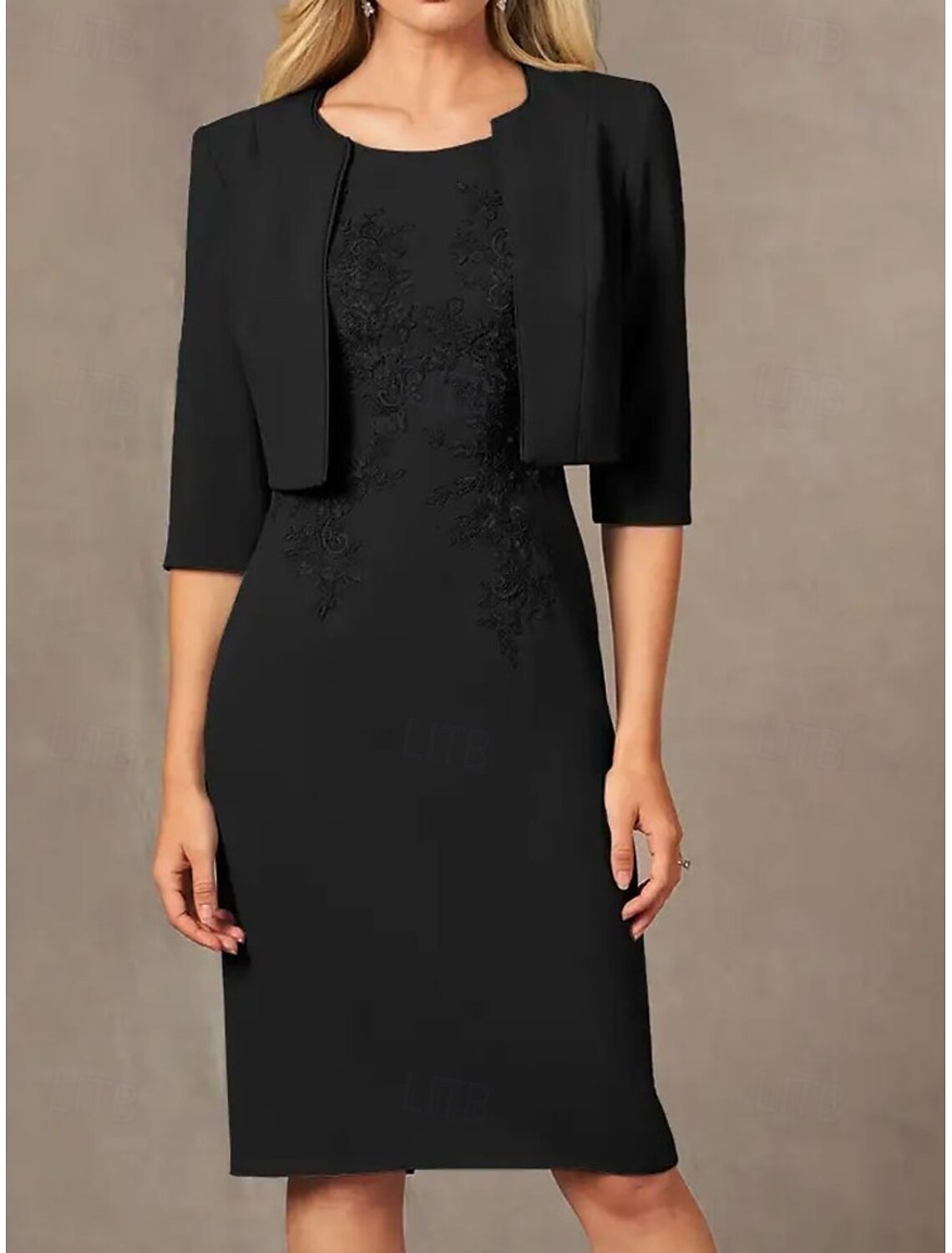 Buyishang Two Piece Sheath / Column Dress Suit Mother of the Bride Dress Elegant Simple Jewel Neck Knee Length Stretch Fabric 3/4 Length Sleeve Jacket Dresses with Embroidery Appliques