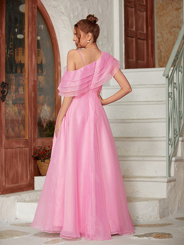 A-Line/Princess Organza Ruffles One-Shoulder Sleeveless Floor-Length Dresses