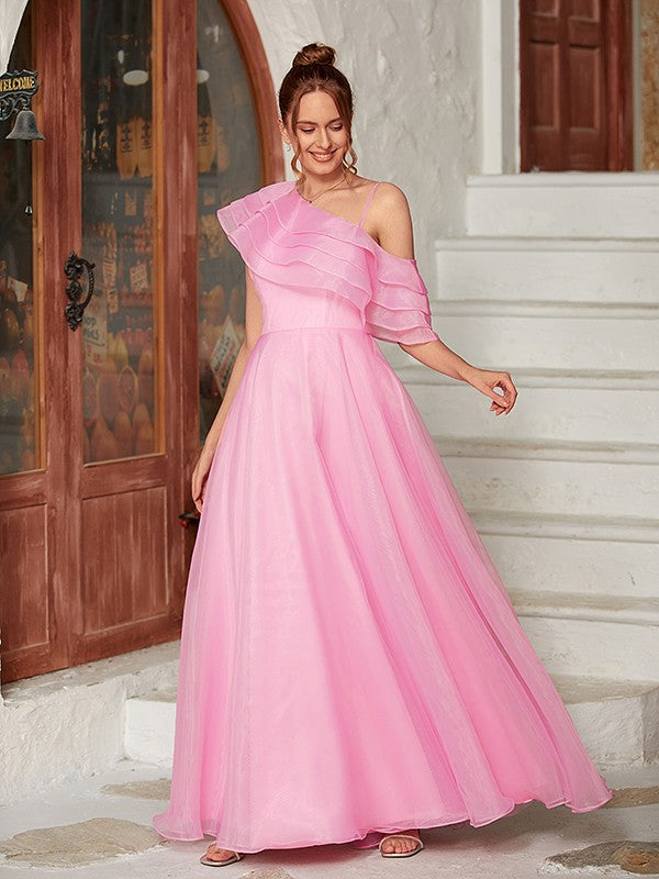 A-Line/Princess Organza Ruffles One-Shoulder Sleeveless Floor-Length Dresses