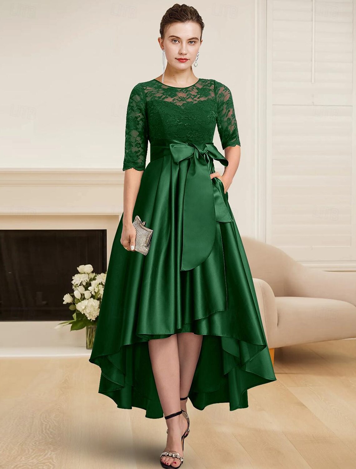 Buyishang A-Line Mother of the Bride Dress Wedding Guest Elegant High Low Jewel Neck Tea Length Satin Lace Half Sleeve with Lace Sash / Ribbon free custom size