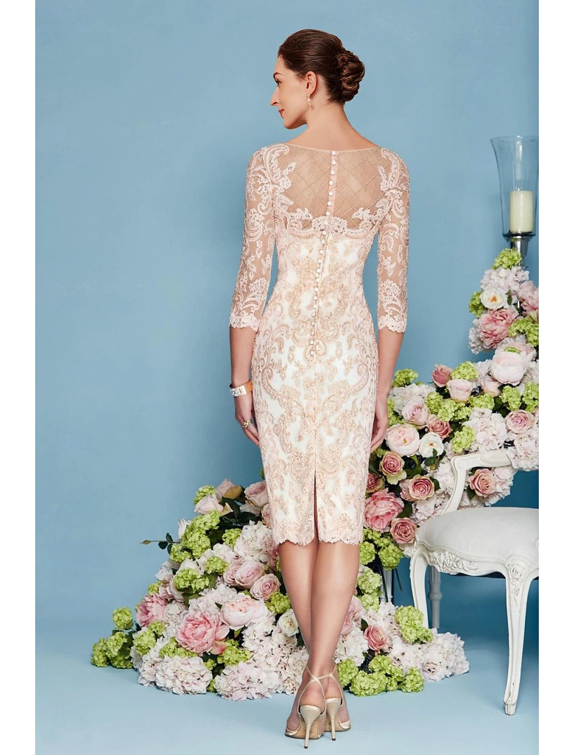 Buyishang Two Piece Sheath Mother of the Bride Dress Elegant Jewel Neck Knee Length Chiffon Lace 3/4 Length Sleeve Wrap Included Jacket Dresses with Beading Appliques free custom size