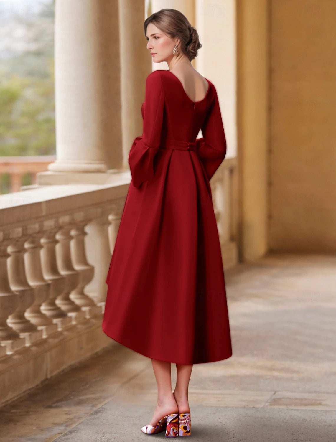 Buyishang A-Line Dress Mother of the Bride Dress Wedding Guest Elegant V Neck Asymmetrical Tea Length Satin 3/4 Length Sleeve with Pleats Solid Color