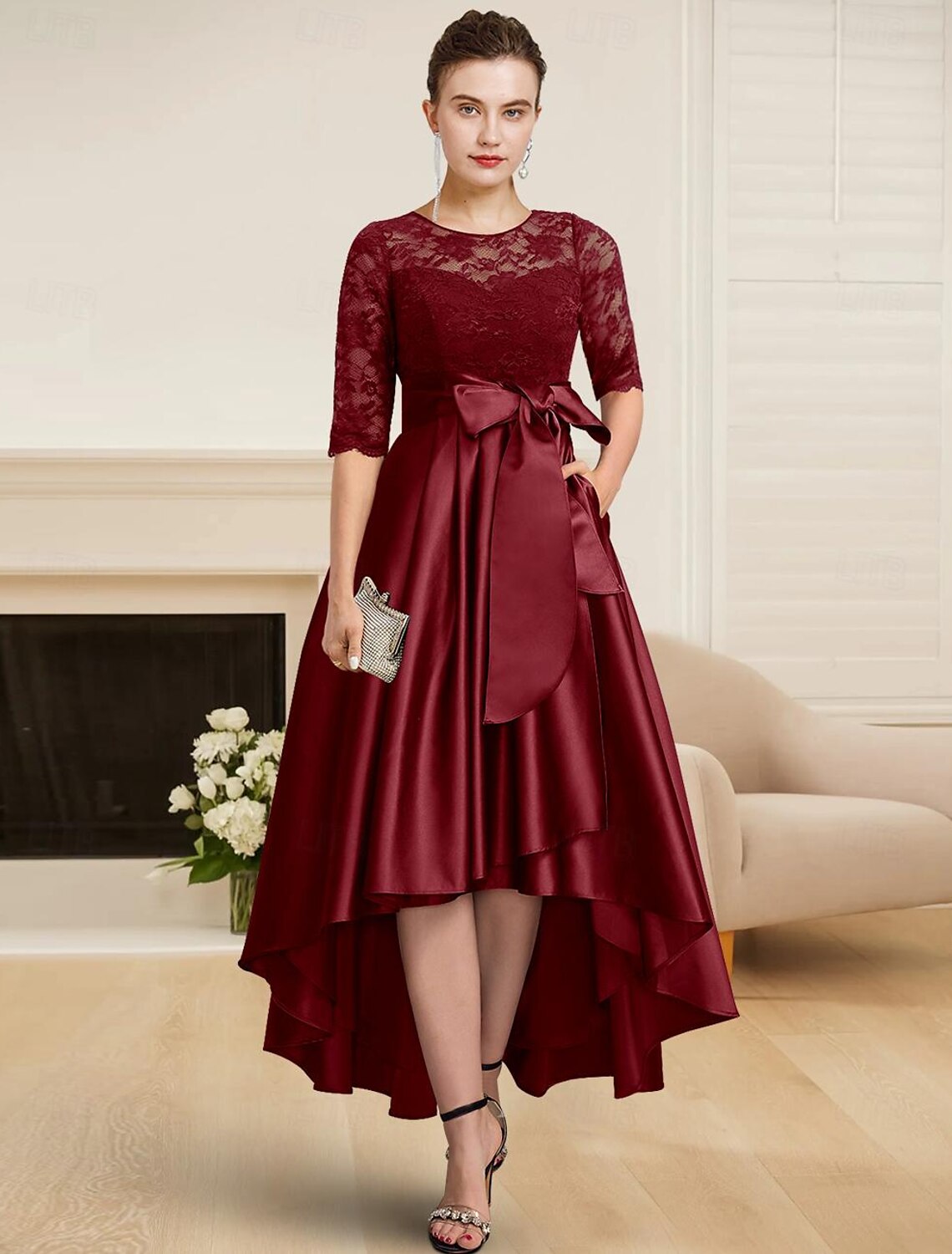Buyishang A-Line Mother of the Bride Dress Wedding Guest Elegant High Low Jewel Neck Tea Length Satin Lace Half Sleeve with Lace Sash / Ribbon free custom size