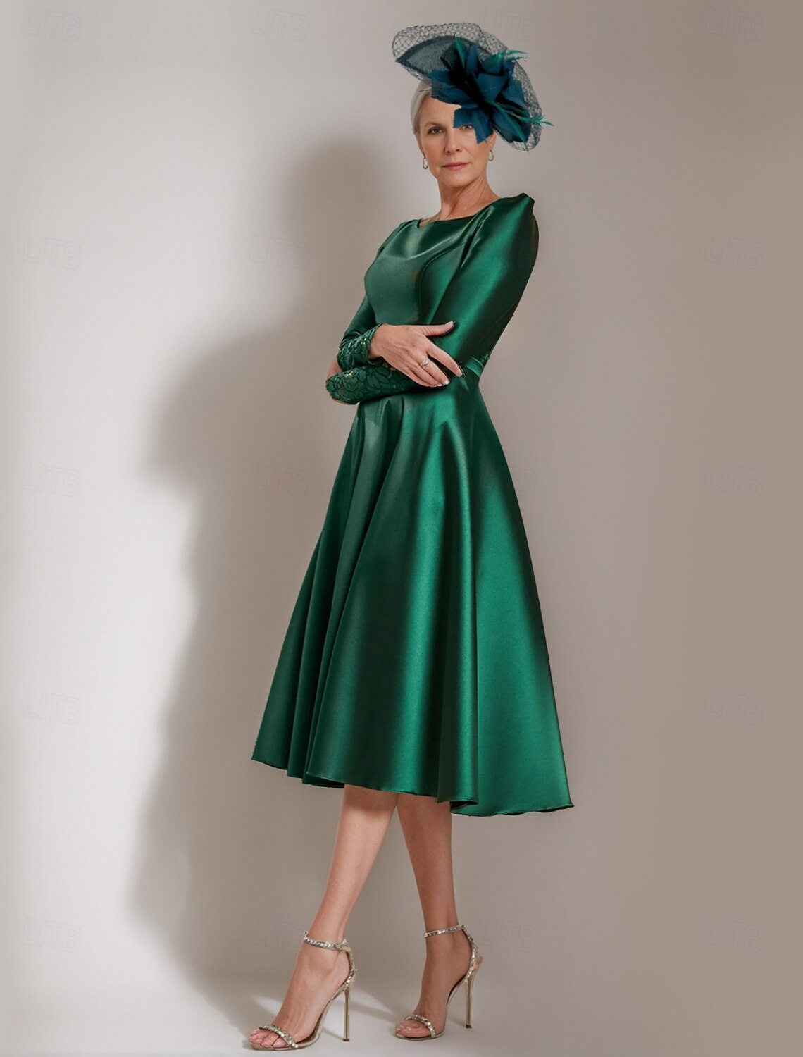 Buyishang A-Line Mother of the Bride Dress Elegant Simple Jewel Neck Tea Length Stretch Satin Long Sleeve with Lace Pleats free custom size