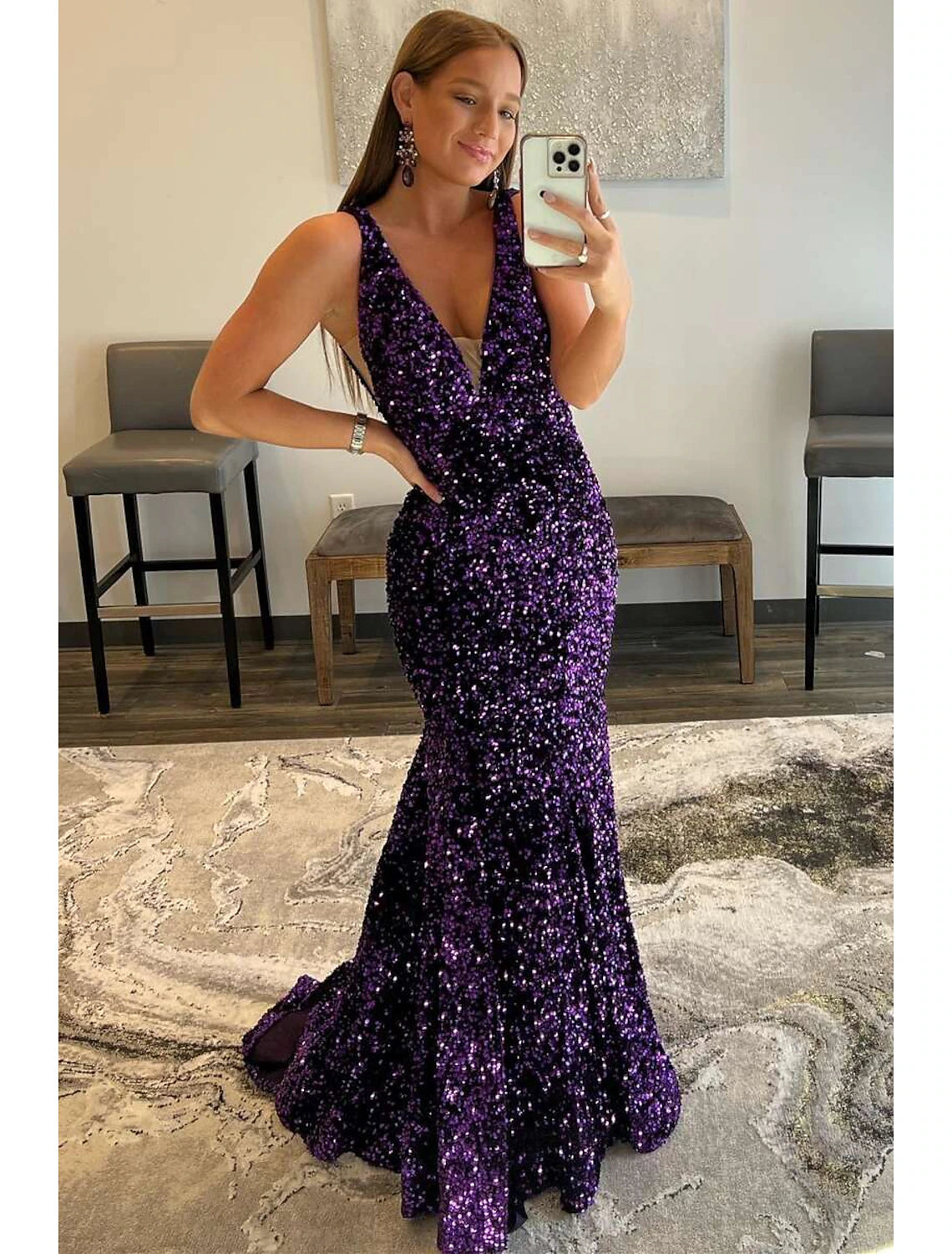 Mermaid / Trumpet Prom Dresses Sparkle & Shine Dress Formal Prom Sweep / Brush Train Sleeveless V Neck Sequined Backless with Sequin