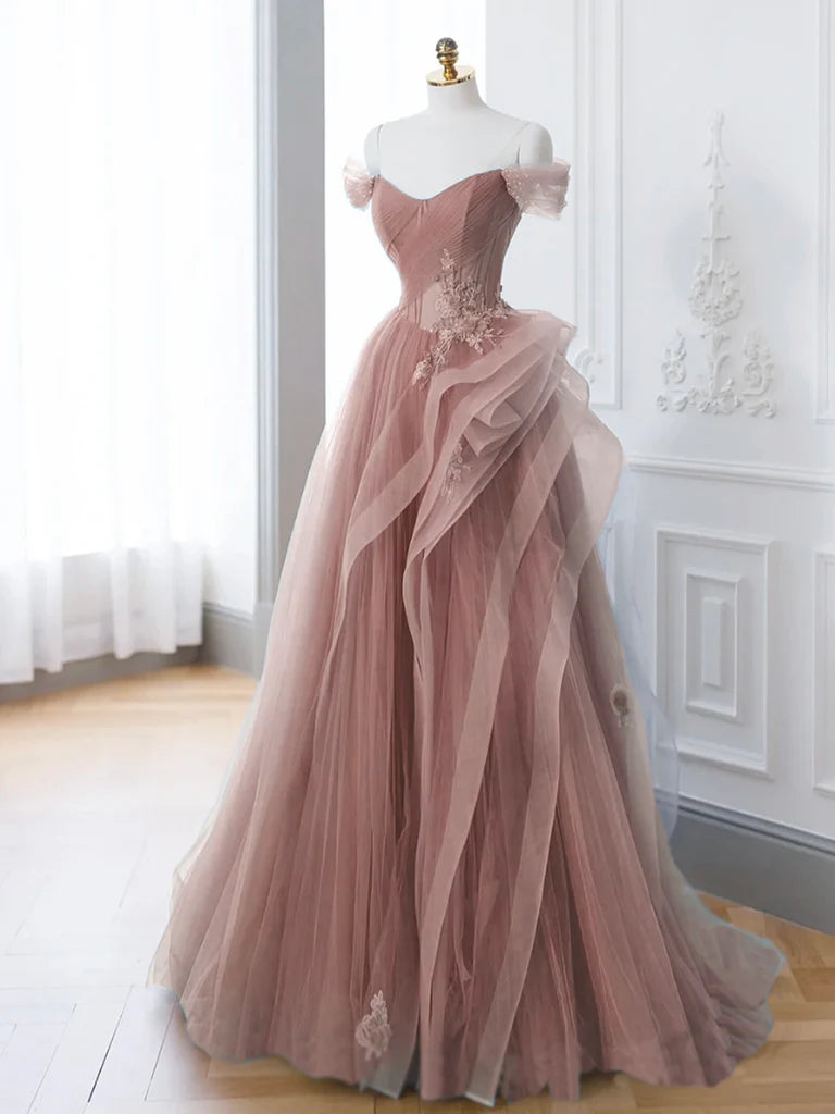 Buyishang Pink A-Line Off Shoulder Long Prom Dress Pink Lace Long Evening Dress