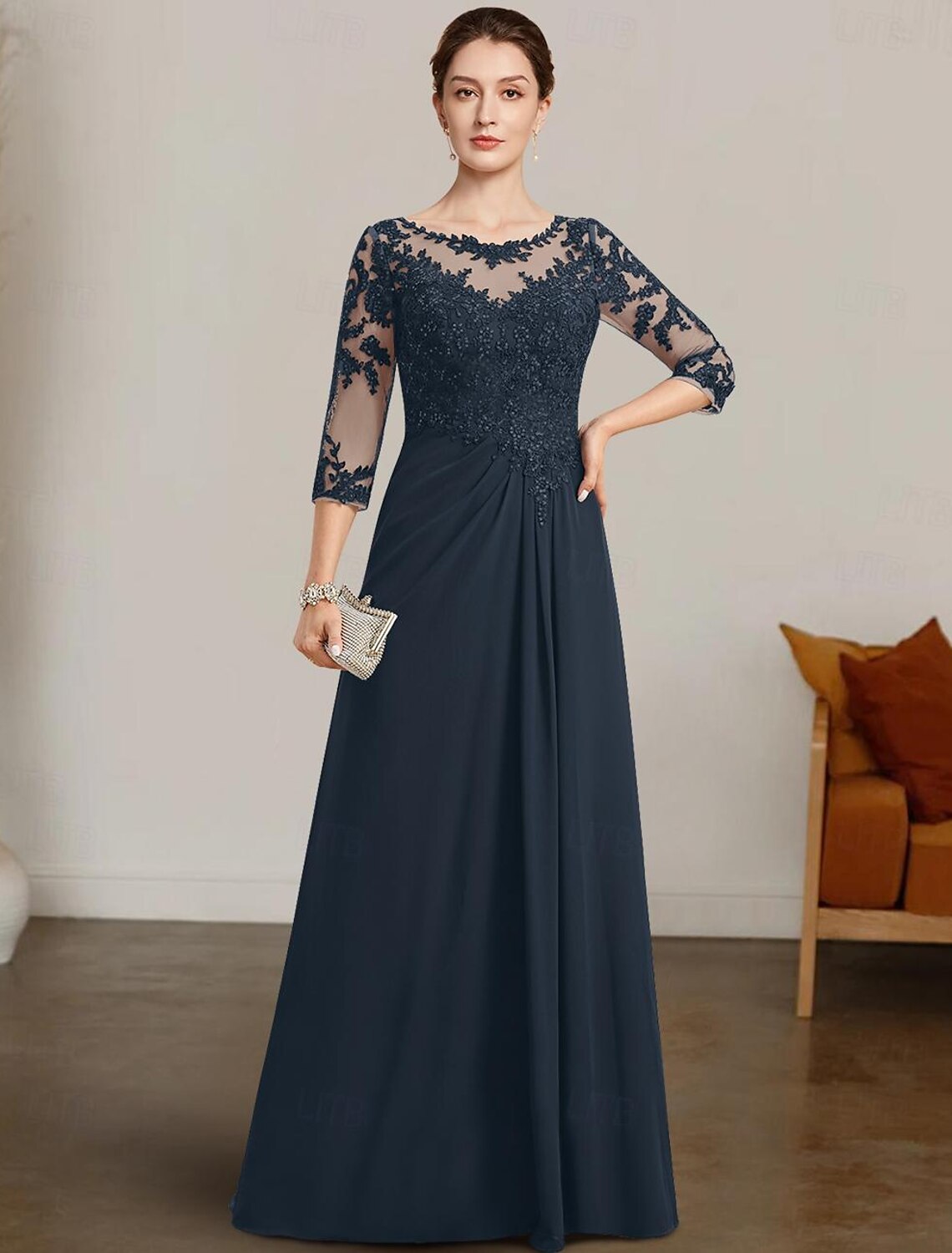 Buyishang A-Line Mother of the Bride Dress Elegant Bateau Neck Floor Length Chiffon Lace 3/4 Length Sleeve with Lace free custom size