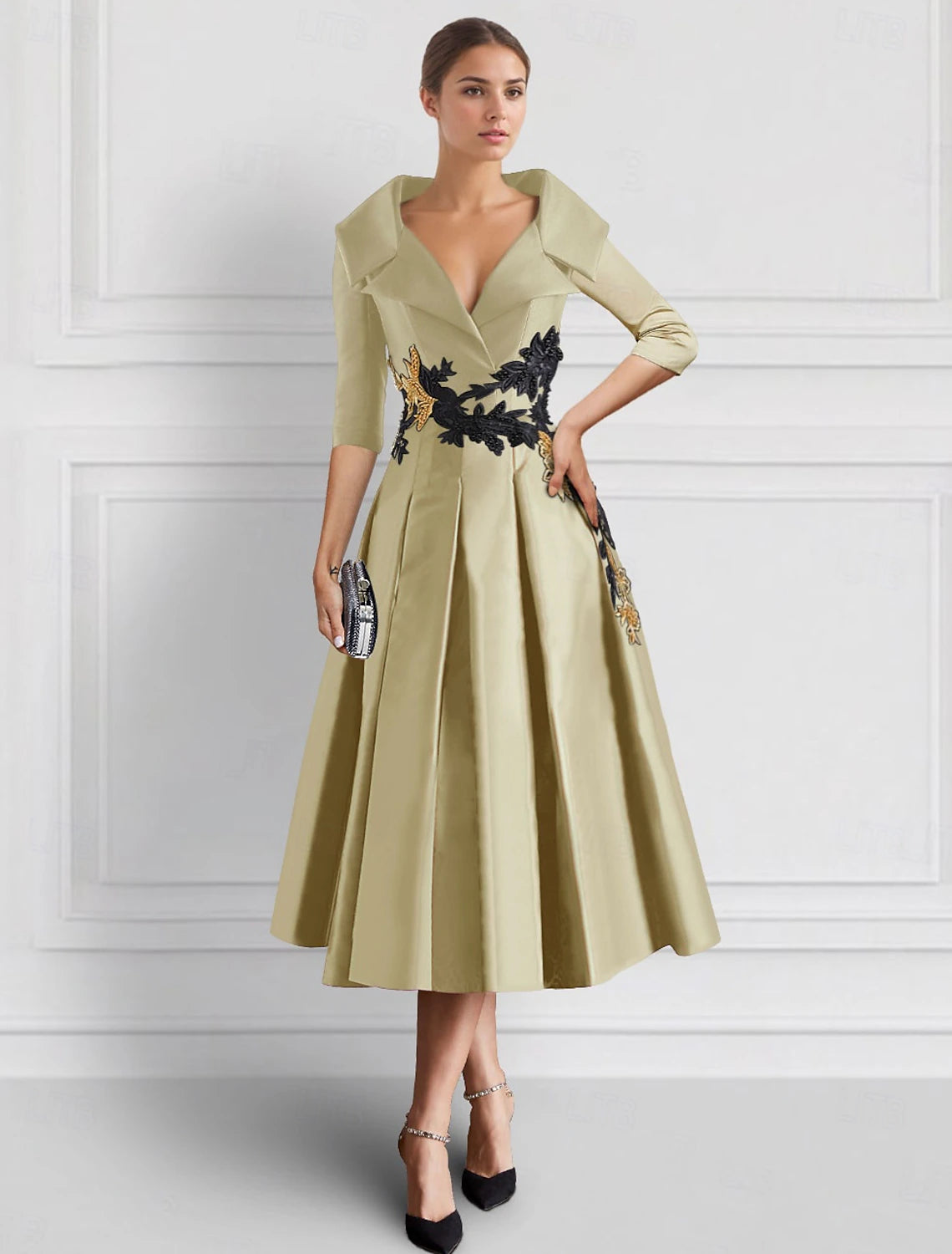 Buyishang Champagne Embroidered A-Line Cocktail Dresses Mother of Bride Elegant Formal Ankle Length 3/4 Length Sleeve Shirt Collar  Satin with Appliques