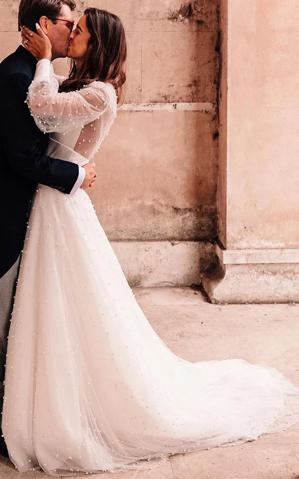 Buyishang Plunging Neckline A-Line Lace Casual Wedding Dress With Open Back And Beading