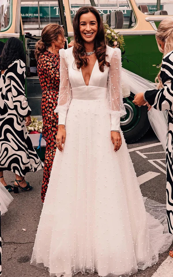 Buyishang Plunging Neckline A-Line Lace Casual Wedding Dress With Open Back And Beading