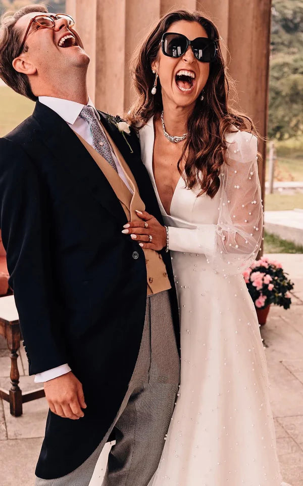 Buyishang Plunging Neckline A-Line Lace Casual Wedding Dress With Open Back And Beading