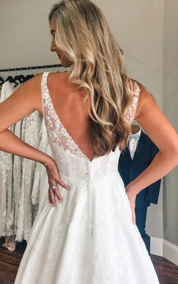 Buyishang Plunging Neckline A-Line Satin Wedding Dress With Low-V Back And Appliques