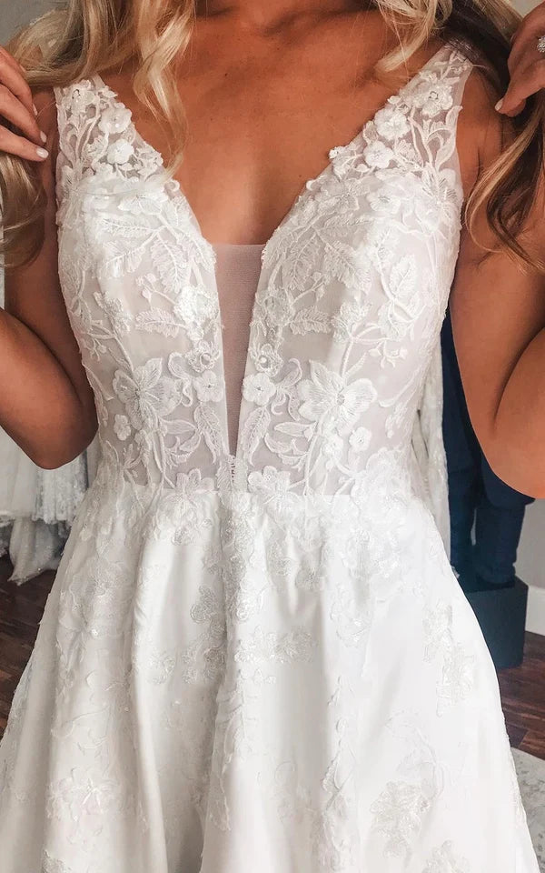 Buyishang Plunging Neckline A-Line Satin Wedding Dress With Low-V Back And Appliques