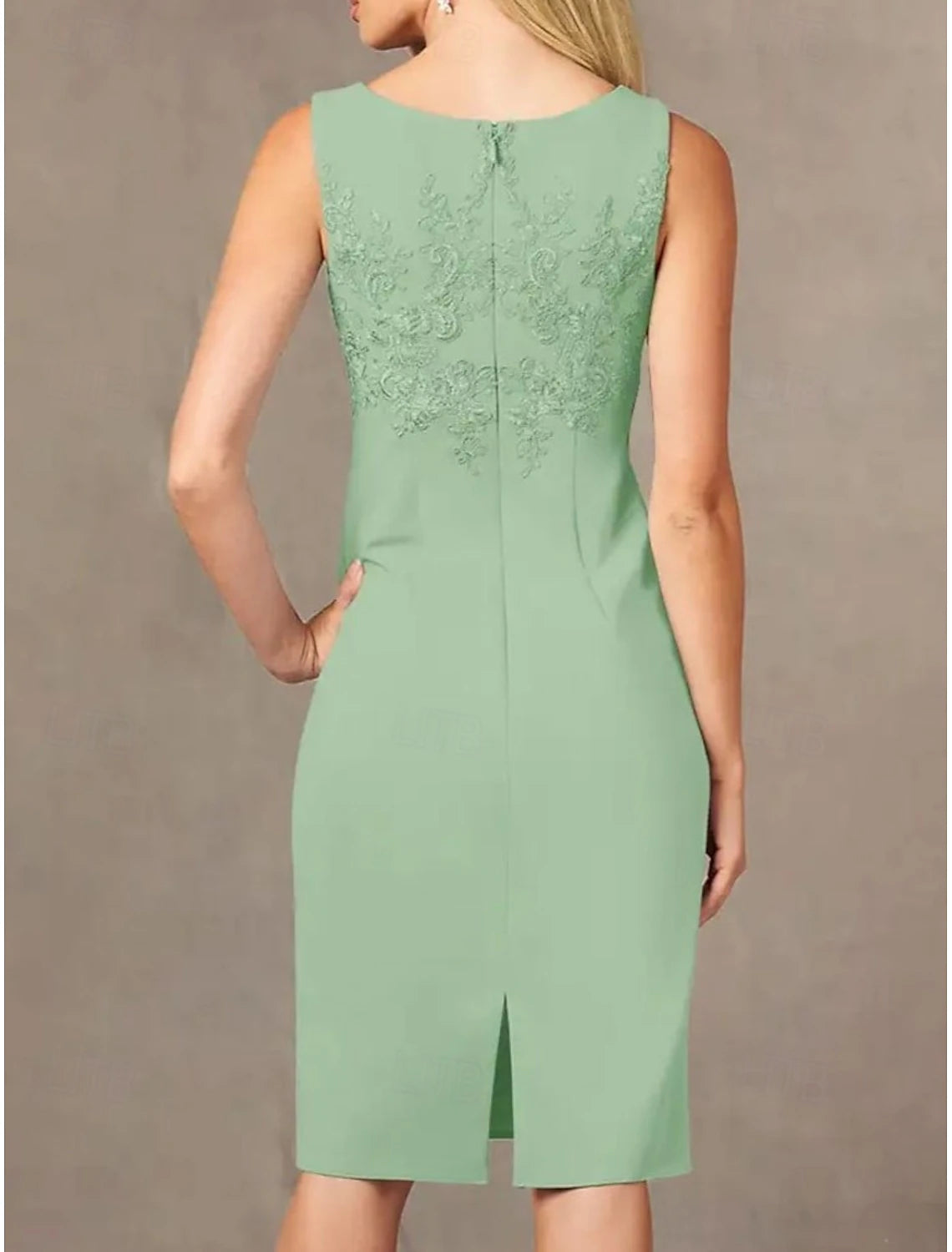 Buyishang Two Piece Sheath / Column Dress Suit Mother of the Bride Dress Elegant Simple Jewel Neck Knee Length Stretch Fabric 3/4 Length Sleeve Jacket Dresses with Embroidery Appliques