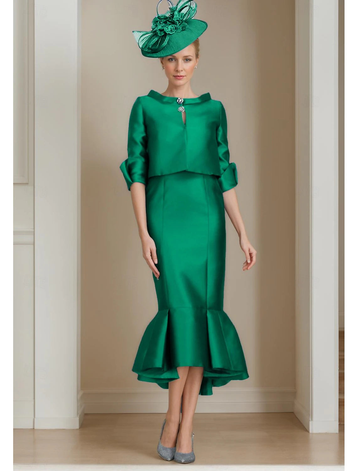 Buyishang Two Piece Mermaid / Trumpet Mother of the Bride Dress Formal Wedding Guest Elegant Jewel Neck Tea Length Satin Half Sleeve with Buttons free custom size