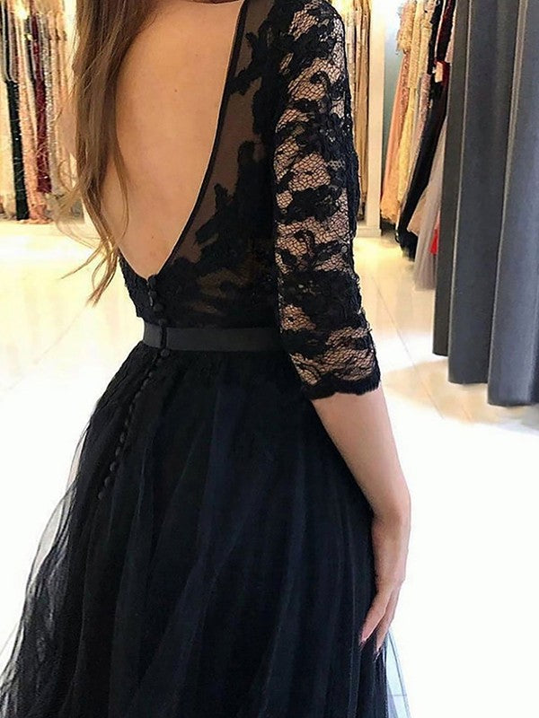 A-Line/Princess Tulle Lace Scoop 3/4 Sleeves Sweep/Brush Train Dresses