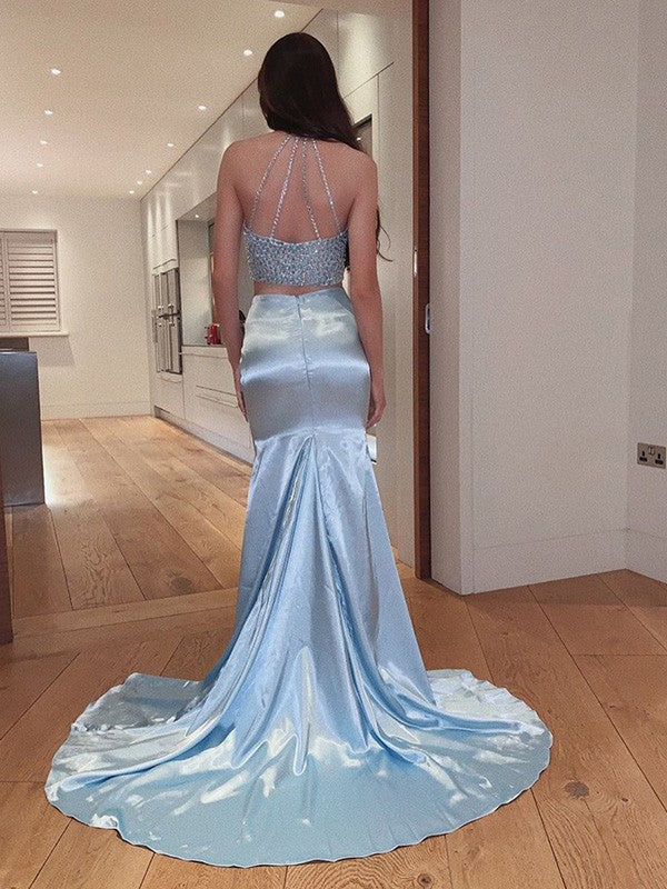 Sheath/Column  Woven Satin Beading Halter Sleeveless Sweep/Brush Train Two Piece Dresses