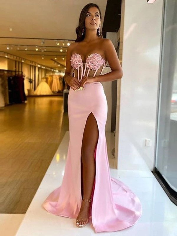 Sheath/Column  Woven Satin Applique Sweetheart Sleeveless Sweep/Brush Train Dresses