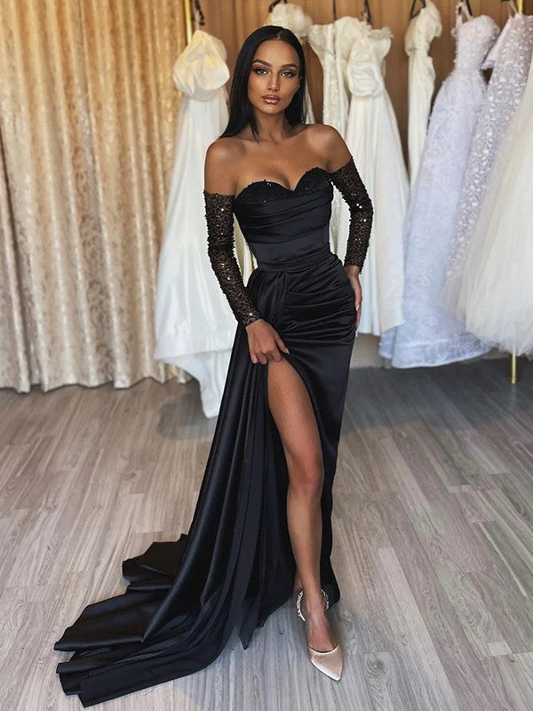 Sheath/Column  Woven Satin Ruched Off-the-Shoulder Long Sleeves Sweep/Brush Train Dresses